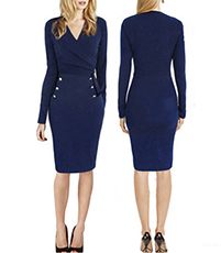 Military Style Wrap Dress – Crisscross Bodice / Blue / Knee Length